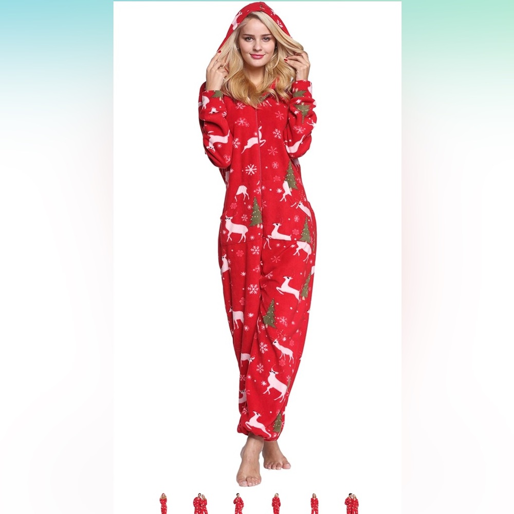 XMASCOMING hooded fleece pajamas red reindeer